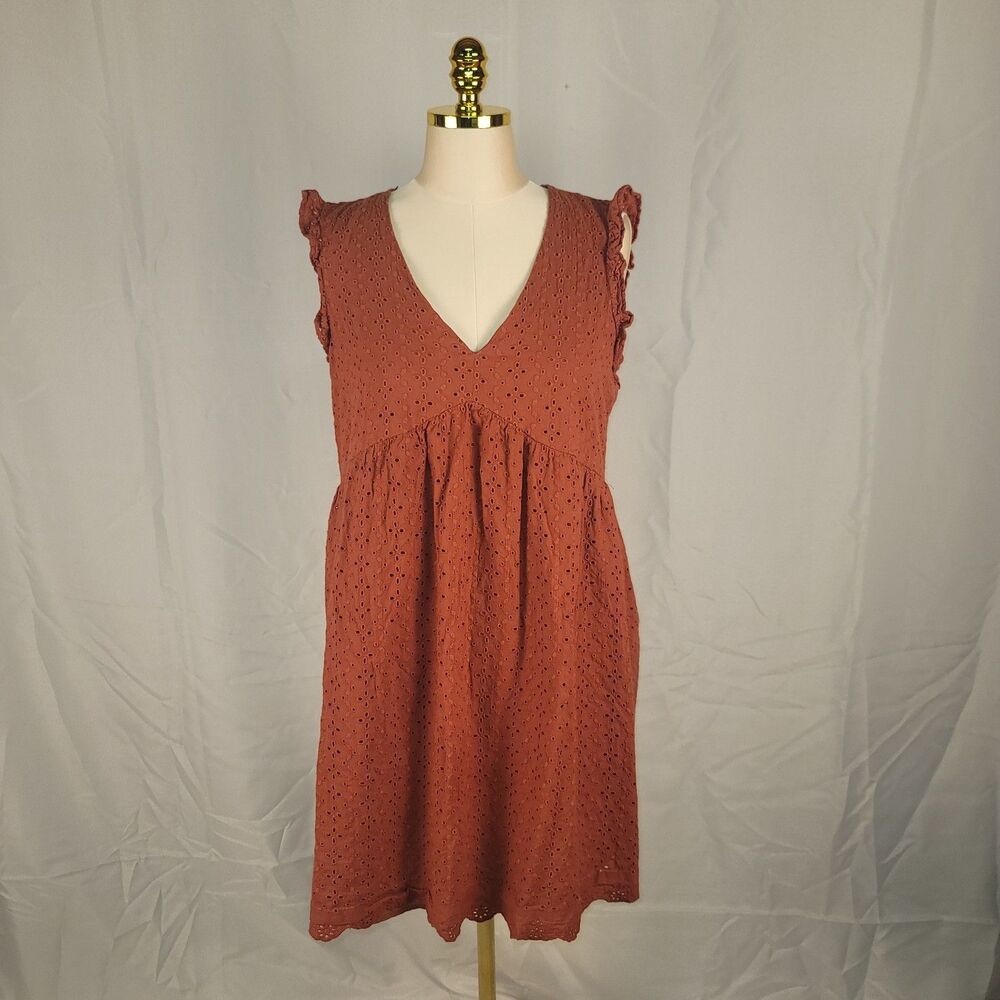 Knox Rose Rust Orange Eyelet Ruffle Babydoll Mini Dress VNeck Size L Cottagecore